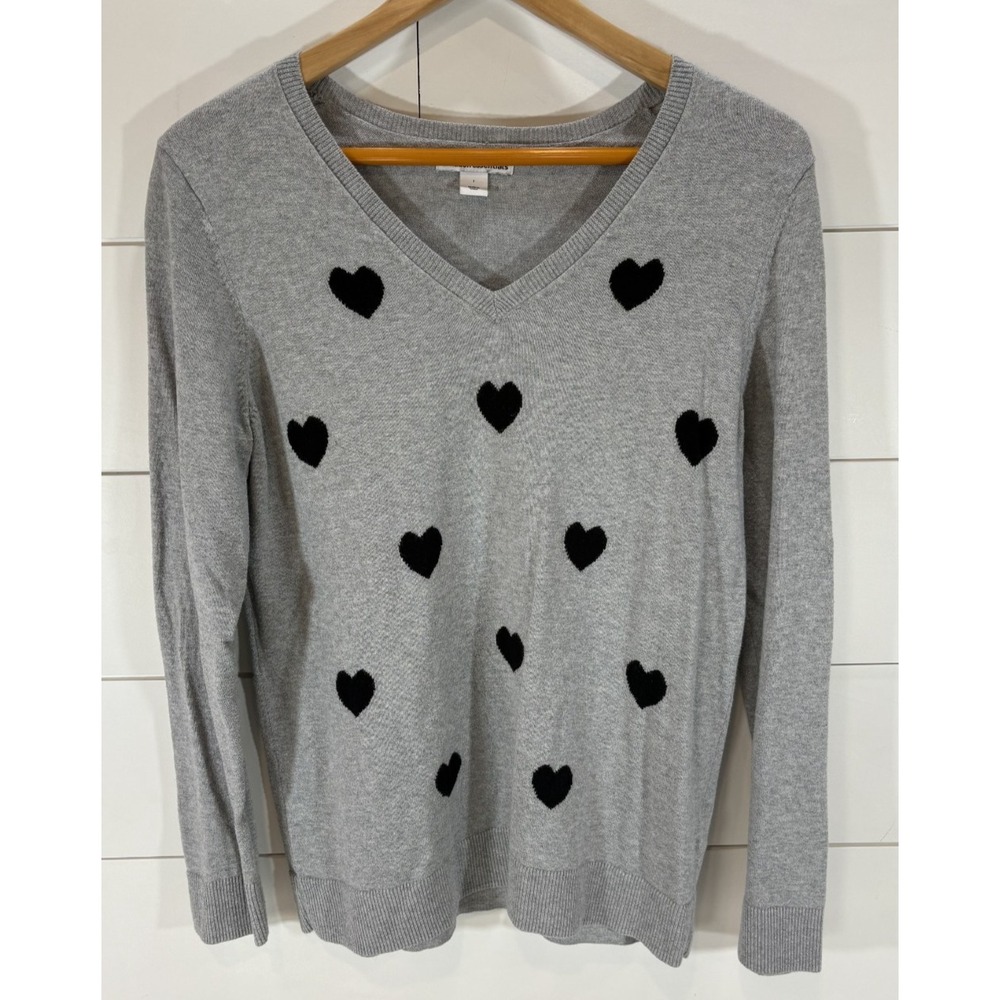 Amazon Essentials Women's Sweater Size L Gray Long Sleeve Pullover Black Hearts